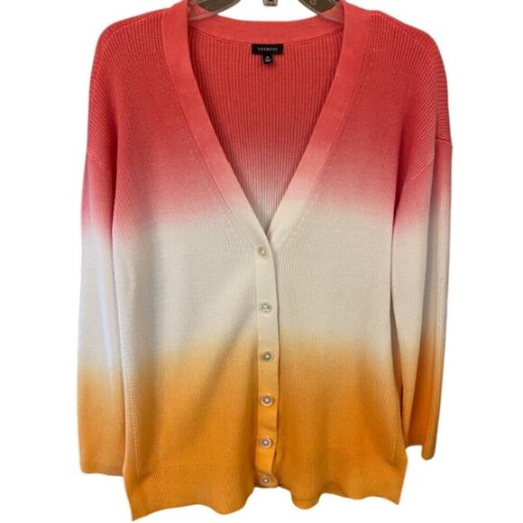 Talbots Womens Pink Orange Dip Dye Ombre Lyocell Button Front Cardigan Sweater M - Picture 1 of 6